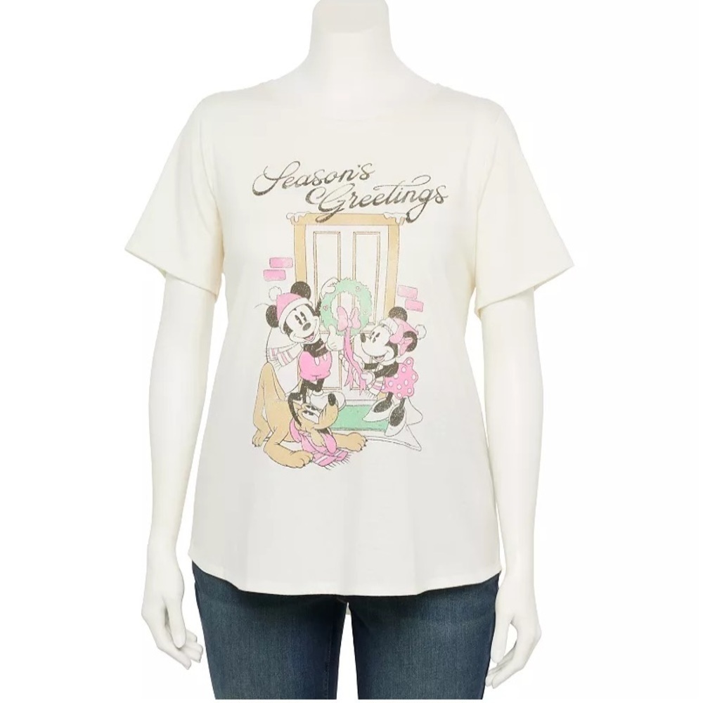 Disney Christmas T-shirt NEW Mickey Minnie Mouse Pluto 5X Cream Pink Gre…